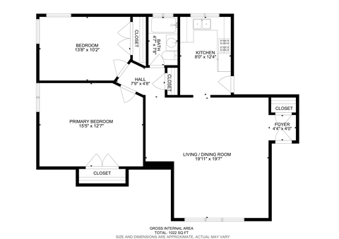 Floor plan for 2 beds, 1 bath, 800 sqft